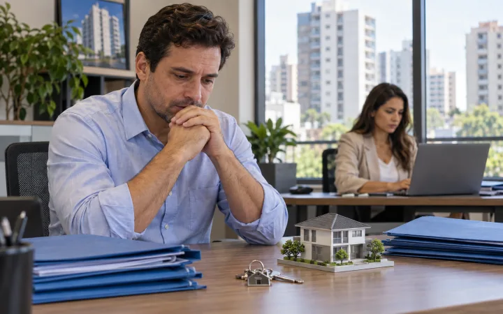 Corretor preocupado diante de chaves e miniatura de casa ilustra o impacto da greve da Caixa no financiamento imobiliário.