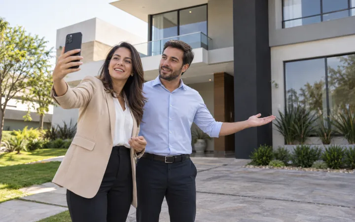 Dois corretores gravam conteúdo com um celular em frente a uma casa moderna.